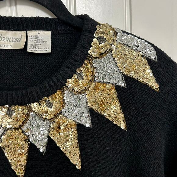 Vintage Silvercord Silk Angora Beaded Sequin Sweater Metallic Sunburst Size M - Picture 9 of 13